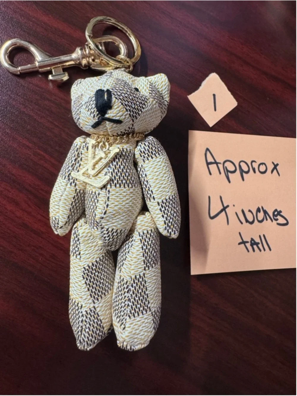 Handmade Designer Canvas Teddy Bear Keychain Charm Gold Tone